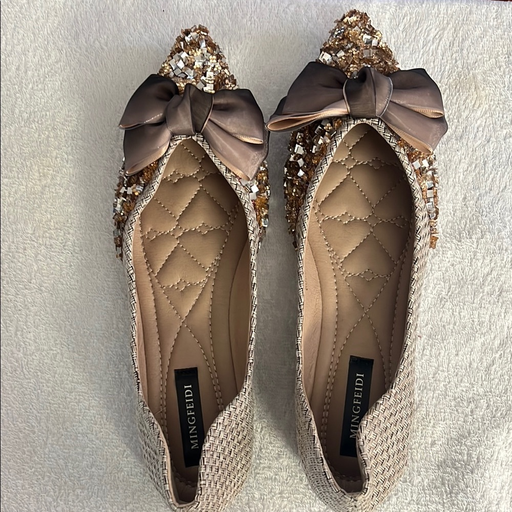 Tan and Brown Flats with Bow and Elasticized Fit